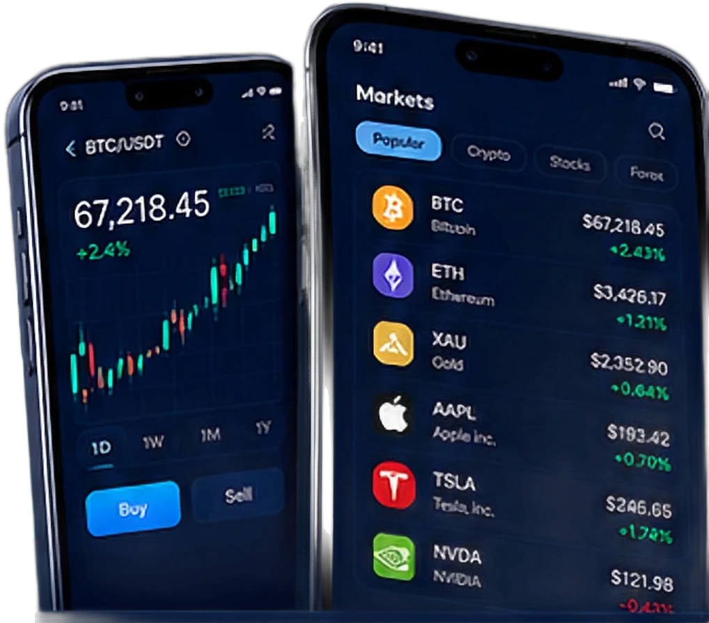 ภาพประกอบแอปเทรดบนมือถือ 2 เครื่อง แสดงกราฟ BTC/USDT และรายการตลาด